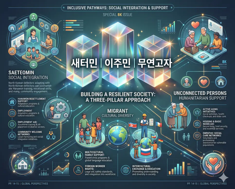 새터민 뜻, 이주민 뜻, 무연고자 뜻: 사회적 포용과 관심의 대상 4 새로운 정착민인 새터민과 문화적 다양성의 주역인 이주민 및 사회적 보호가 필요한 무연고자를 분석한 전문 매거진 스타일의 인포그래픽 포스터