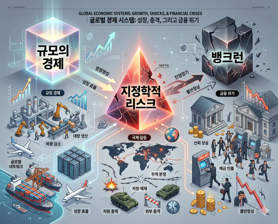 규모의 경제 뜻, 지정학적 리스크 뜻, 뱅크런 뜻: 경제 성장과 위기 분석 정리 4 경제의 성장과 위기를 결정짓는 규모의 경제, 지정학적 리스크, 뱅크런의 개념을 한눈에 파악할 수 있도록 제작된 전문 매거진 스타일의 프리미엄 인포그래픽 포스터입니다. 생산 효율성부터 대외 위험 분석, 금융 건전성까지 정교한 데이터와 함께 3D 크리스탈 질감의 세련된 디자인으로 구성하여 가독성을 극대화한 시각 자료입니다.