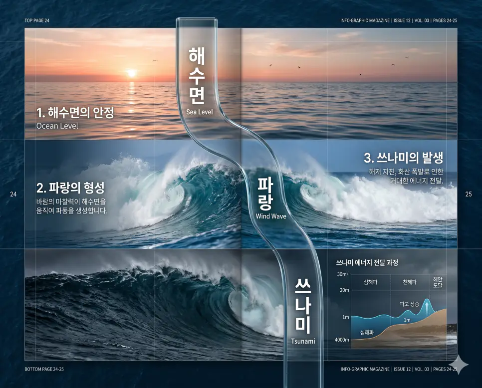 해수면의 기준, 파랑의 리듬, 쓰나미의 위력을 전문 잡지 레이아웃으로 분석한 프리미엄 인포그래픽 전략 포스터