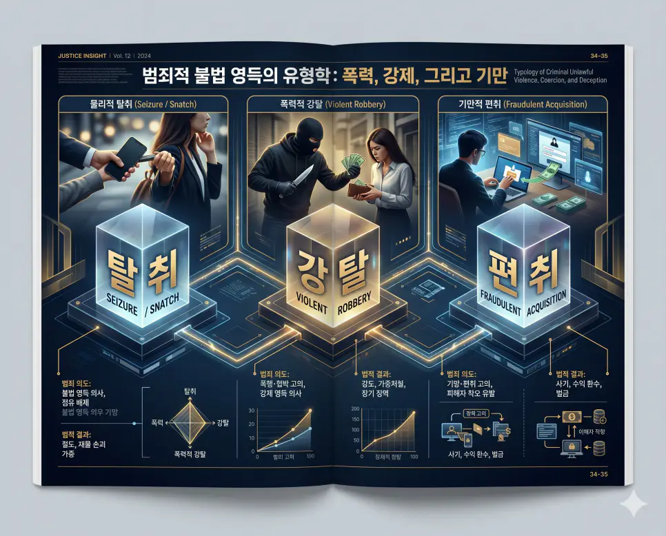 탈취 뜻, 강탈 뜻, 편취 뜻: 불법적인 약탈과 기망의 이해 4 강제적인 약탈인 탈취와 폭력적인 강탈 및 지능적인 기망 행위인 편취를 분석한 전문 매거진 스타일의 인포그래픽 포스터