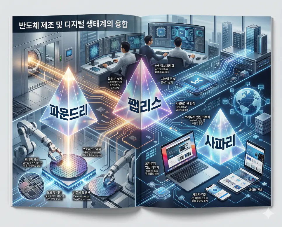 파운드리 뜻, 팹리스 뜻, 사파리 뜻: 반도체와 웹 생태계 완벽 정리 4 제조 인프라인 파운드리와 설계 지능의 팹리스 및 웹 접속 기술인 사파리 개념을 분석한 전문 매거진 스타일의 고해상도 인포그래픽 포스터