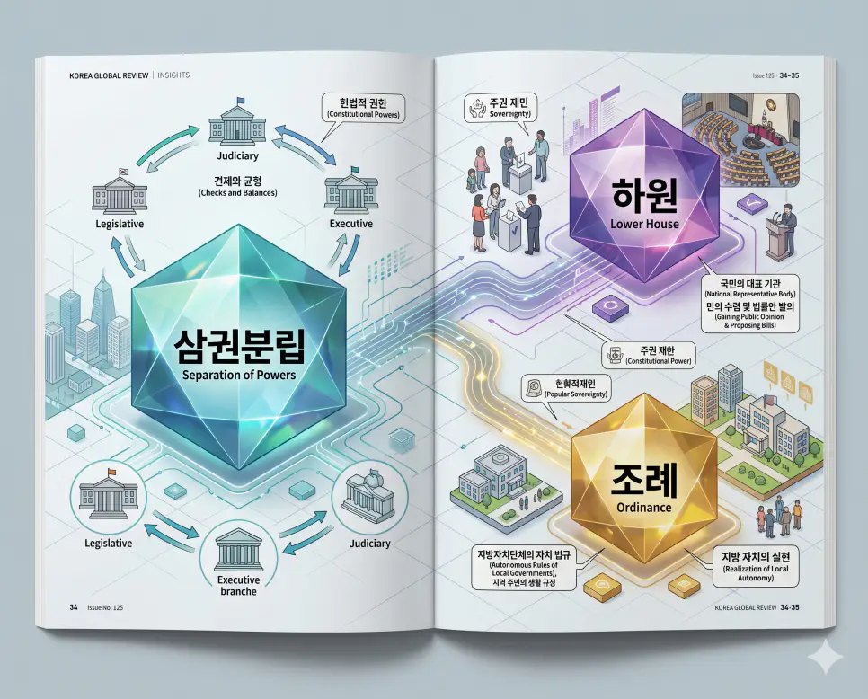 삼권분립 뜻, 하원 뜻, 조례 뜻: 민주주의의 균형과 지방 자치의 법규 4 국가 권력의 균형인 삼권분립과 민의의 대변인 하원 및 지방 자치의 도구인 조례를 분석한 전문 매거진 스타일의 인포그래픽 포스터