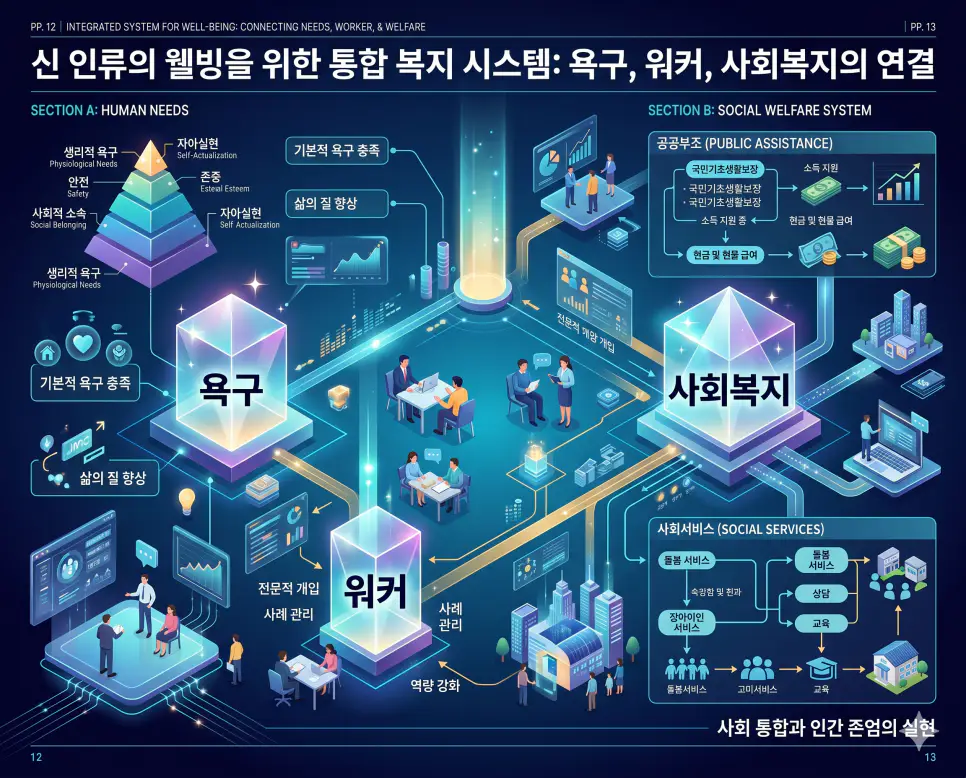 사회복지 뜻, 워커 뜻, 욕구 뜻: 인간다운 삶을 위한 행복의 설계 4 행복한 삶을 위한 안전망인 사회복지와 실천의 주체인 워커 및 문제 해결의 목표인 인간의 욕구를 분석한 전문 매거진 스타일의 인포그래픽 포스터
