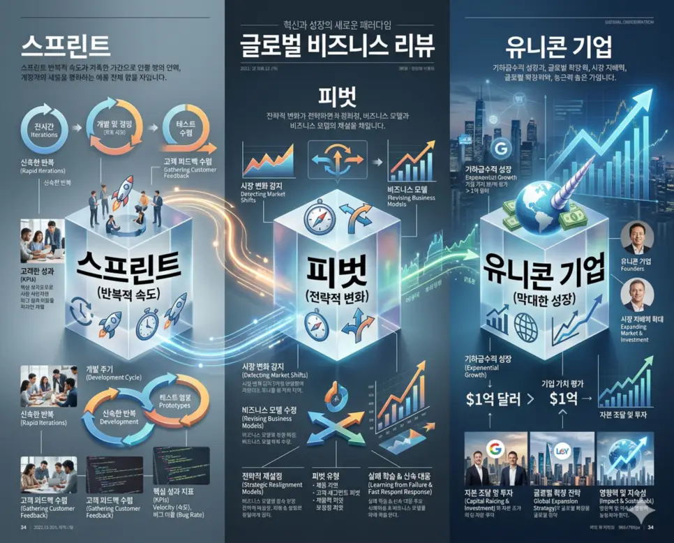 반복 개발의 스프린트와 전략적 전환의 피벗 및 고성장 스타트업인 유니콘 기업 개념을 분석한 전문 매거진 스타일의 고해상도 인포그래픽 포스터