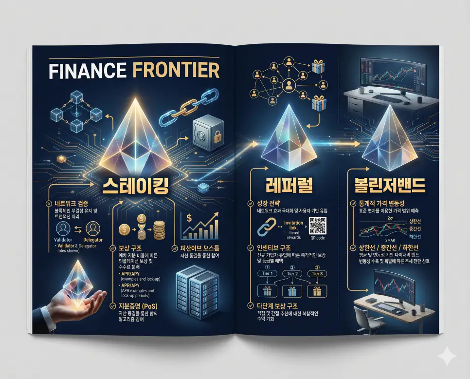스테이킹 뜻, 레퍼럴 뜻, 볼린저밴드 뜻: 가상자산 투자와 기술적 분석 정리 4 가상자산 투자의 핵심 요소인 스테이킹, 레퍼럴, 볼린저밴드의 개념을 한눈에 파악할 수 있도록 제작된 전문 매거진 스타일의 프리미엄 인포그래픽 포스터입니다. 자산 예치 보상부터 마케팅 전략, 기술적 지표 분석까지 정교한 데이터와 함께 3D 크리스탈 질감의 세련된 디자인으로 구성하여 정보 전달력과 가독성을 극대화한 시각 자료입니다.