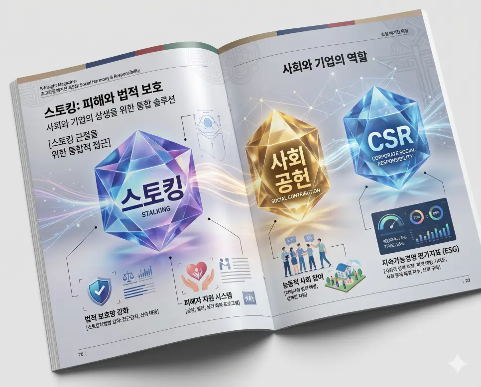 명백한 범죄인 스토킹과 기업의 자발적 나눔인 사회공헌 및 책임 경영의 지표인 CSR을 분석한 전문 매거진 스타일의 인포그래픽 포스터