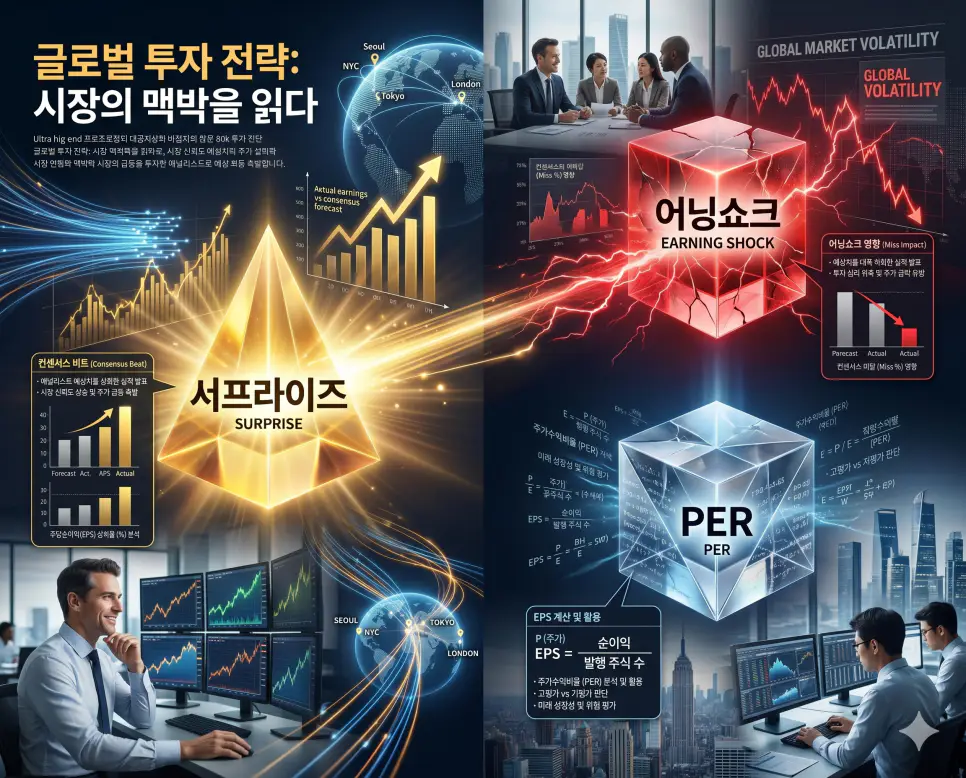 실적 발표의 서프라이즈와 어닝쇼크 및 가치 평가 지표인 PER 개념을 분석한 전문 매거진 스타일의 고해상도 인포그래픽 포스터