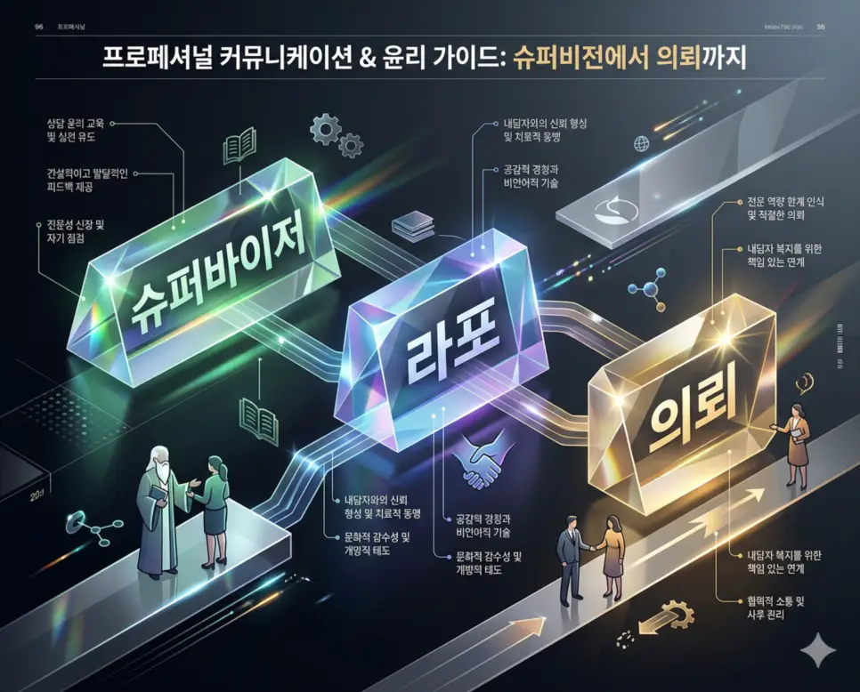 슈퍼바이저 뜻, 라포 뜻, 의뢰 뜻: 사회복지 실천의 전문적 유대와 책임 4 전문적 스승인 슈퍼바이저와 실천의 기초인 라포 및 효과적인 도움의 경로인 의뢰를 분석한 전문 매거진 스타일의 인포그래픽 포스터