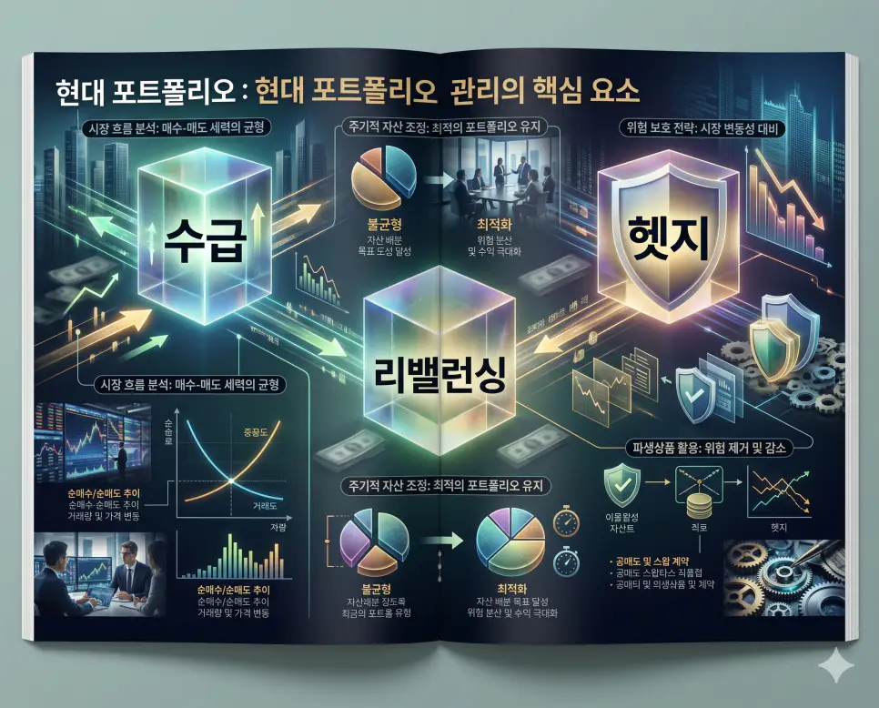 수급 뜻, 리밸런싱 뜻, 헷지 뜻: 안전하고 똑똑한 투자 운영 전략 4 가격의 원동력인 수급과 포트폴리오 최적화인 리밸런싱 및 위험 분산 전략인 헷지 개념을 분석한 전문 매거진 스타일의 고해상도 인포그래픽 포스터