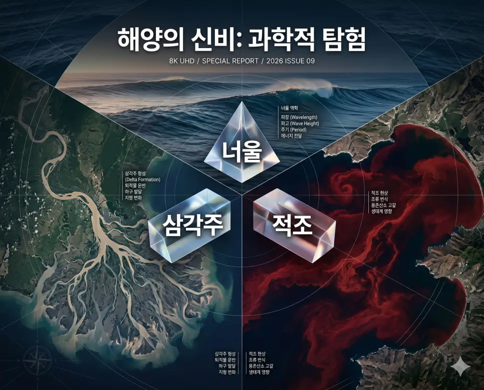 너울 뜻, 적조 뜻, 삼각주 뜻: 해상의 복병과 하구 지형의 특징 분석 4 해양 현상의 핵심인 너울과 적조의 위험성, 그리고 지리적 축복인 삼각주의 원리를 전문 잡지 스타일로 분석한 프리미엄 인포그래픽 전략 포스터