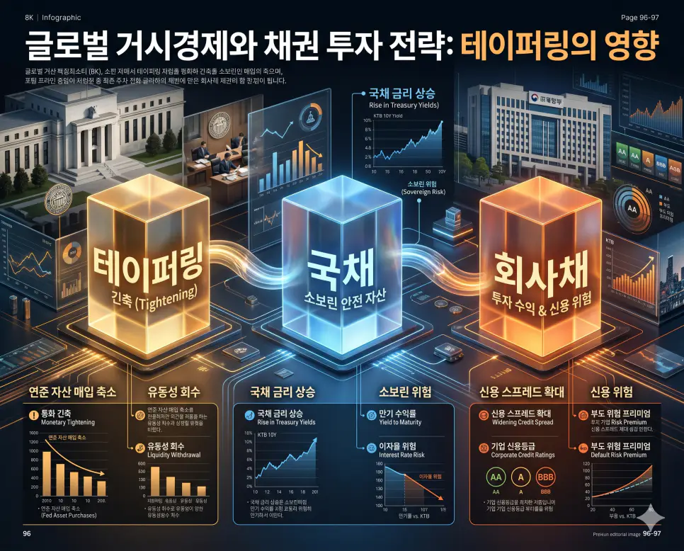 자금 회수의 테이퍼링과 국가 신용의 국채 및 기업 자금 조달의 회사채 개념을 분석한 전문 매거진 스타일의 고해상도 인포그래픽 포스터