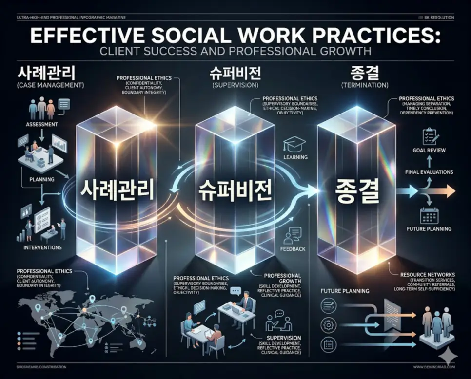 종결 뜻, 사례관리 뜻, 슈퍼비전 뜻: 사회복지 실천의 완성미와 전문성 4 실천의 최종 단계인 종결과 포괄적 모델인 사례관리 및 질 높은 서비스를 위한 슈퍼비전 체계를 분석한 전문 매거진 스타일의 인포그래픽 포스터