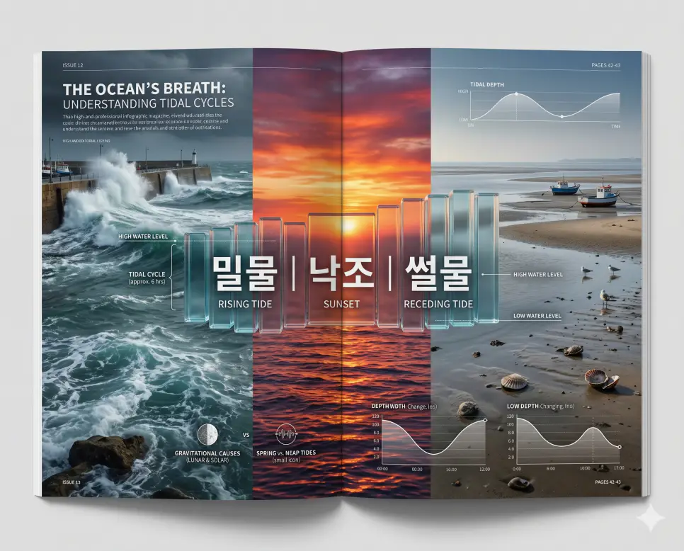 바다의 주기적인 들숨과 날숨인 밀물, 썰물, 그리고 낙조의 과학적 원리를 전문 잡지 스타일로 분석한 프리미엄 인포그래픽 포스터