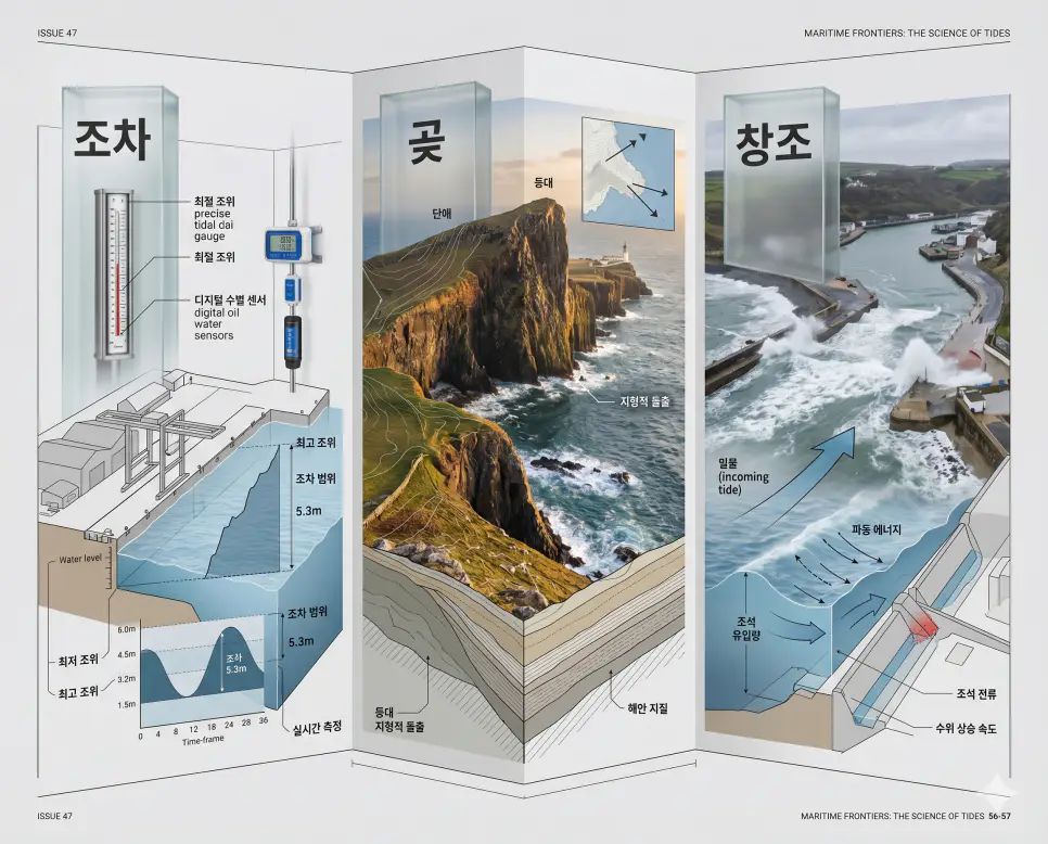 조차 뜻, 곶 뜻, 창조 뜻: 해수면의 높이 변화와 해안 지형의 특징 분석 4 해안 지형의 특징인 곶과 해수면 변화의 핵심인 조차, 창조의 원리를 전문 잡지 레이아웃으로 분석한 프리미엄 인포그래픽 전략 포스터