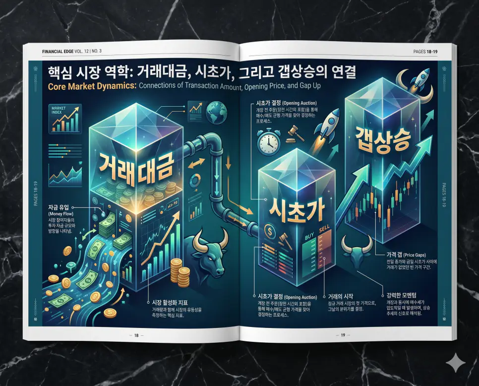 거래대금 뜻, 시초가 뜻, 갭상승 뜻: 주식 시장의 에너지와 추세 분석 정리 4 주식 시장의 핵심 지표인 거래대금, 시초가, 갭상승의 개념을 한눈에 파악할 수 있도록 제작된 전문 매거진 스타일의 프리미엄 인포그래픽 포스터입니다. 시장의 활성도부터 가격의 출발점, 상승 모멘텀 분석까지 정교한 데이터와 함께 3D 크리스탈 질감의 세련된 디자인으로 구성하여 가독성을 극대화한 시각 자료입니다.