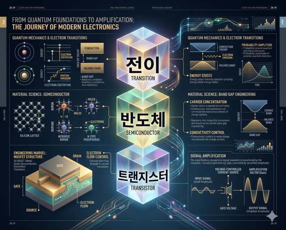 디지털 문명을 지탱하는 전이 현상과 반도체 소재 및 트랜지스터 소자의 작동 원리를 분석한 전문 매거진 스타일의 인포그래픽 포스터