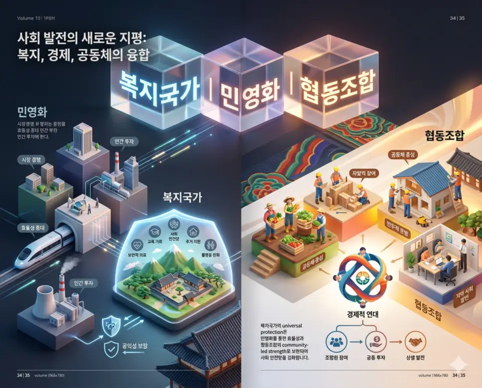 복지국가 뜻, 민영화 뜻, 협동조합 뜻: 공공의 행복과 경제적 연대 4 인간다운 삶을 위한 복지국가와 효율 중심의 민영화 및 상생 중심의 협동조합을 분석한 전문 매거진 스타일의 인포그래픽 포스터