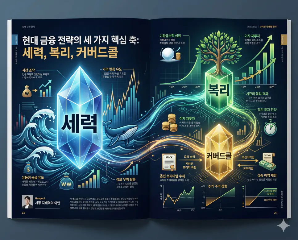 세력 뜻, 복리 뜻, 커버드콜 뜻: 시장 주체와 수익 극대화 전략 정리 4 자산 관리의 핵심 전략인 세력 분석, 복리의 마법, 커버드콜 전략의 개념을 한눈에 파악할 수 있도록 제작된 전문 매거진 스타일의 프리미엄 인포그래픽 포스터입니다. 시장의 주체부터 기하급수적 성장 원리, 전략적 수익 창출까지 정교한 데이터와 함께 3D 크리스탈 질감의 세련된 디자인으로 구성하여 가독성을 극대화한 시각 자료입니다.