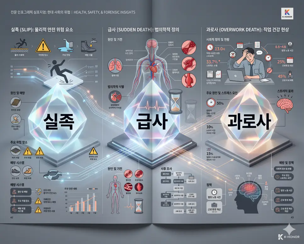 안전사고 용어인 실족과 의학적 현상인 급사, 과로사의 정확한 사전적 정의를 한눈에 파악할 수 있도록 제작된 전문 매거진 스타일의 프리미엄 인포그래픽 포스터입니다. 단정한 티타늄 그레이 톤의 현대적인 배경 위에 정교한 레이아웃과 3D 크리스탈 텍스트를 배치하여 정보의 신뢰성과 심미성을 극대화한 시각 자료입니다.