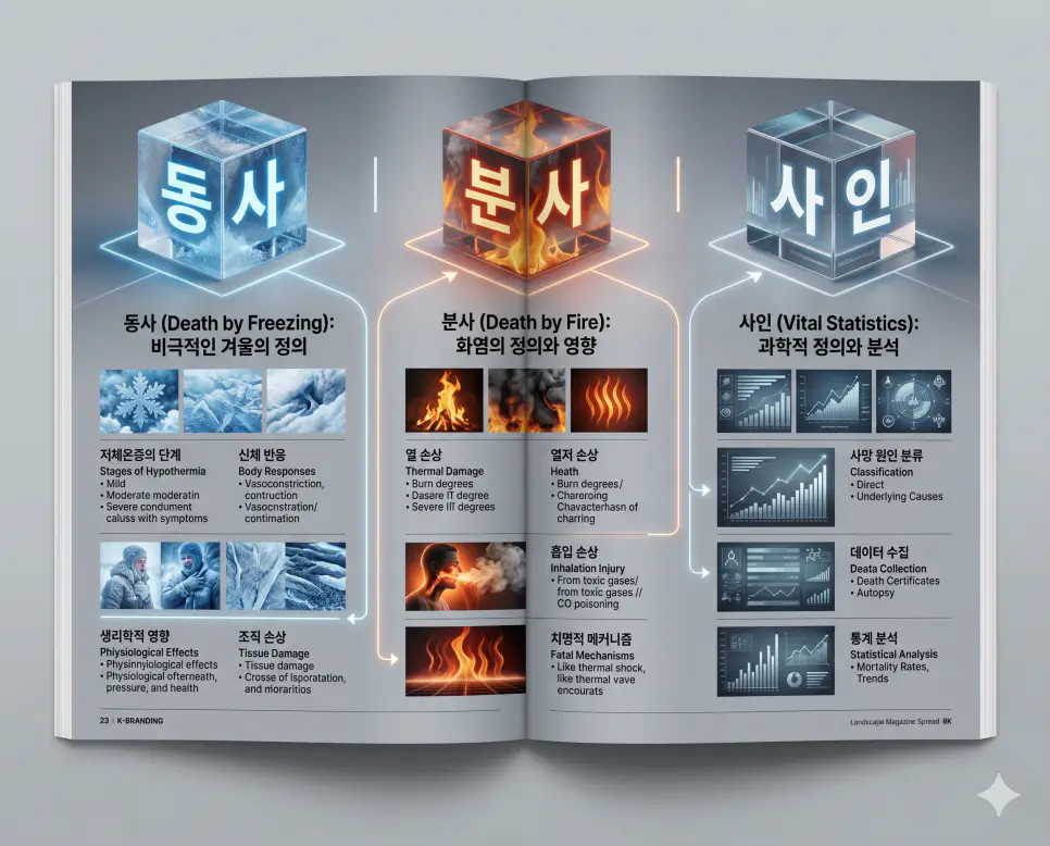 동사 뜻, 분사 뜻, 사인 뜻: 겨울철 및 화재 사고 한자어와 의학적 원인 정의 4 기후 및 화재로 인한 사고 한자어인 동사와 분사, 그리고 의학적 정의인 사인의 개념을 조화롭게 대조하여 한눈에 파악할 수 있도록 제작된 전문 매거진 스타일의 프리미엄 인포그래픽 포스터입니다. 단정한 티타늄 그레이 톤의 현대적인 배경 위에 정교한 레이아웃과 3D 크리스탈 텍스트를 배치하여 정보의 전문성과 심미성을 극대화한 시각 자료입니다.
