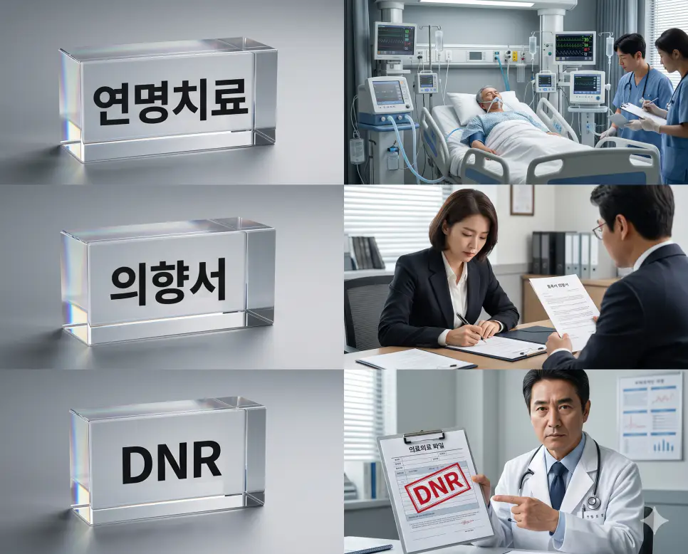 연명의료결정 제도 및 임종 권리 용어인 연명치료, 사전연명의료의향서, DNR의 정확한 뜻을 한눈에 비교할 수 있도록 각 개념을 대변하는 직관적인 인물 중심의 시각적 상황(인공호흡기에 의존하는 중환자, 등록 서류에 직접 서명하는 여성, DNR 확인 파일을 지시하는 응급실 의사)을 체계적으로 배열한 전문 매거진 스타일의 프리미엄 인포그래픽 포스터입니다. 세련된 티타늄 그레이 배경 위에 정교한 레이아웃을 배치하여 정보의 신뢰성과 가독성을 극대화한 시각 자료입니다.