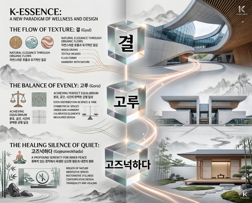 한국적인 미학과 삶의 균형을 담은 키워드인 결, 고루, 고즈넉하다의 개념을 한눈에 파악할 수 있도록 제작된 전문 매거진 스타일의 프리미엄 인포그래픽 포스터입니다. 세련된 한국인 모델과 한옥의 미장센이 어우러진 배경 위에 정교한 데이터와 3D 크리스탈 질감을 배치하여 가독성을 극대화한 시각 자료입니다.