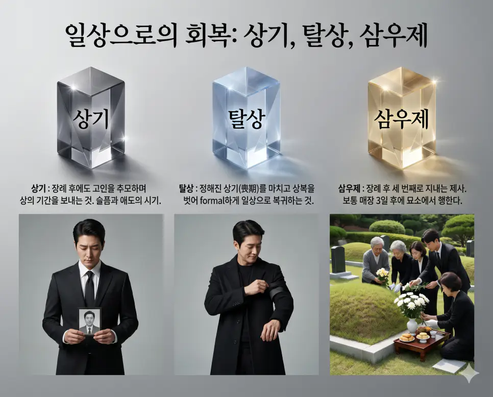 장례 후 예법과 일상 복귀에 관한 핵심 용어인 상기, 탈상, 삼우제의 정확한 뜻을 한눈에 비교할 수 있도록 각 개념을 대변하는 직관적인 인물 중심의 시각적 상황을 체계적으로 배열하고, 왼쪽 크리스털 프리즘에 각 단어를 1:1로 매칭하여 가독성을 극대화한 초호화 K-에디토리얼 매거진 포스터 스타일의 프리미엄 인포그래픽 포스터입니다. 세련된 티타늄 그레이 배경 위에 정교한 레이아웃을 배치하여 압도적인 시각적 완성도를 구현했습니다.