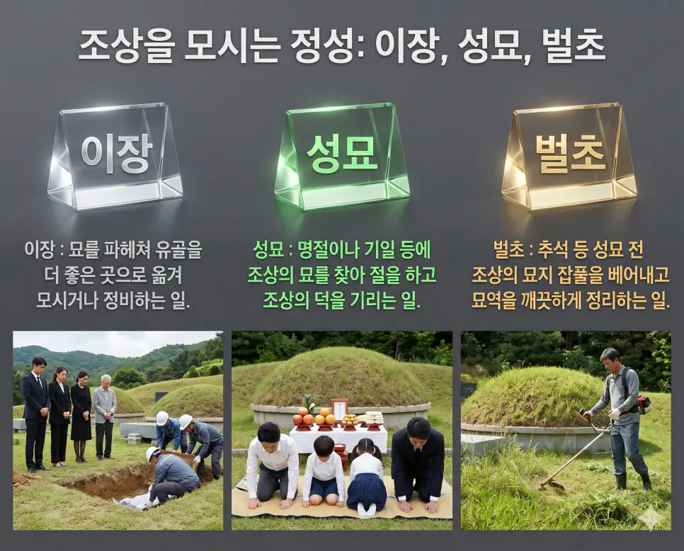 이장 뜻, 성묘 뜻, 벌초 뜻: 조상의 묘소를 옮기고 돌보는 전통 예법과 묘역 관리 상식 정리 4 조상을 모시는 정성과 묘역 관리에 관한 핵심 용어인 이장, 성묘, 벌초의 정확한 뜻을 한눈에 비교할 수 있도록 각 개념을 대변하는 직관적인 인물 중심의 시각적 상황을 체계적으로 배열하고, 왼쪽 크리스털 프리즘에 각 단어를 1:1로 매칭하여 가독성을 극대화한 초호화 K-에디토리얼 매거진 포스터 스타일의 프리미엄 인포그래픽 포스터입니다. 세련된 티타늄 그레이 배경 위에 정교한 레이아웃을 배치하여 압도적인 시각적 완성도를 구현했습니다.