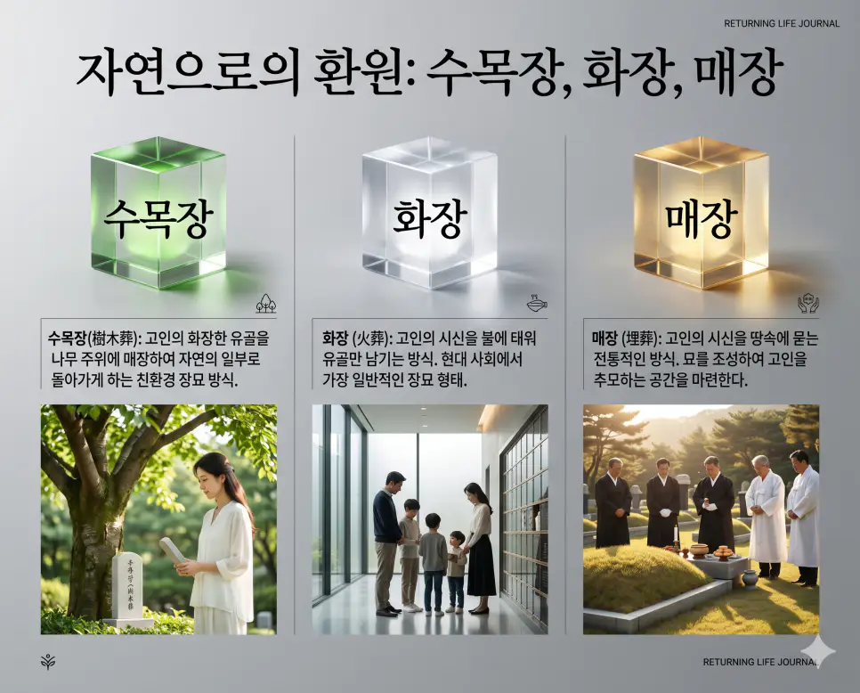 자연 환원과 안치 방식에 관한 핵심 용어인 수목장, 화장, 매장의 정확한 뜻을 한눈에 비교할 수 있도록 각 개념을 대변하는 직관적인 인물 중심의 시각적 상황을 체계적으로 배열하고, 왼쪽 크리스털 프리즘에 각 단어를 1:1로 매칭하여 가독성을 극대화한 초호화 K-에디토리얼 매거진 포스터 스타일의 프리미엄 인포그래픽 포스터입니다. 세련된 티타늄 그레이 배경 위에 정교한 레이아웃을 배치하여 압도적인 시각적 완성도를 구현했습니다.
