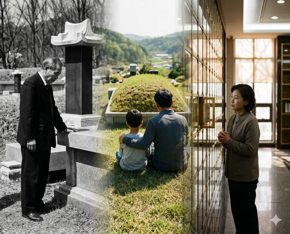 묘소 뜻, 산소 뜻, 봉안당 뜻: 고인을 모시는 추모 공간의 정의와 장제 시설의 차이점 4 묘소 뜻, 산소 뜻, 봉안당 뜻 개념을 세계적인 포토다큐멘터리 잡지 사진 스타일로 깊이 있게 융합한 실사 포스터