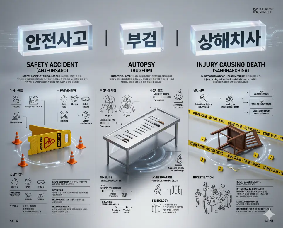 안전사고 뜻, 부검 뜻, 상해치사 뜻: 법의학 용어와 형법 죄명의 명확한 개념 정리 4 법의학 및 형법 용어인 안전사고, 부검, 상해치사의 뜻을 한눈에 비교할 수 있도록 각 단어의 본질을 대변하는 직관적인 시각적 사물(쓰러진 안내판, 해부 테이블, 범죄 현장 의자와 둔기)을 체계적으로 배열한 전문 매거진 스타일의 프리미엄 인포그래픽 포스터입니다. 단정한 티타늄 그레이 배경 위에 정교한 레이아웃을 배치하여 정보의 전문성과 가독성을 극대화한 시각 자료입니다.