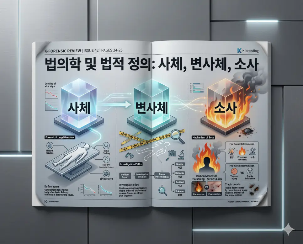 사체 뜻, 변사체 뜻, 소사 뜻: 법의학 및 사회 뉴스 속 정확한 한자어 정의 정리 4 법의학 및 뉴스에서 사용되는 한자어인 사체, 변사체, 소사의 정확한 정의를 조화롭게 대조하여 한눈에 파악할 수 있도록 제작된 전문 매거진 스타일의 프리미엄 인포그래픽 포스터입니다. 단정한 티타늄 그레이 톤의 현대적인 배경 위에 정교한 레이아웃과 3D 크리스탈 텍스트를 배치하여 정보의 전문성과 가독성을 극대화한 시각 자료입니다.