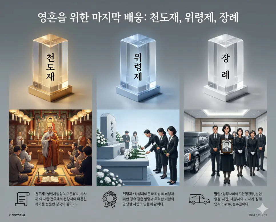 사후 예법과 영혼의 위로에 관한 핵심 용어인 천도재, 위령제, 장례의 정확한 뜻을 한눈에 비교할 수 있도록 각 개념을 대변하는 직관적인 인물 중심의 시각적 상황을 체계적으로 배열하고, 왼쪽 크리스털 프리즘에 각 단어를 1:1로 매칭하여 가독성을 극대화한 초호화 K-에디토리얼 매거진 포스터 스타일의 프리미엄 인포그래픽 포스터입니다. 세련된 티타늄 그레이 배경 위에 정교한 레이아웃을 배치하여 압도적인 시각적 완성도를 구현했습니다.