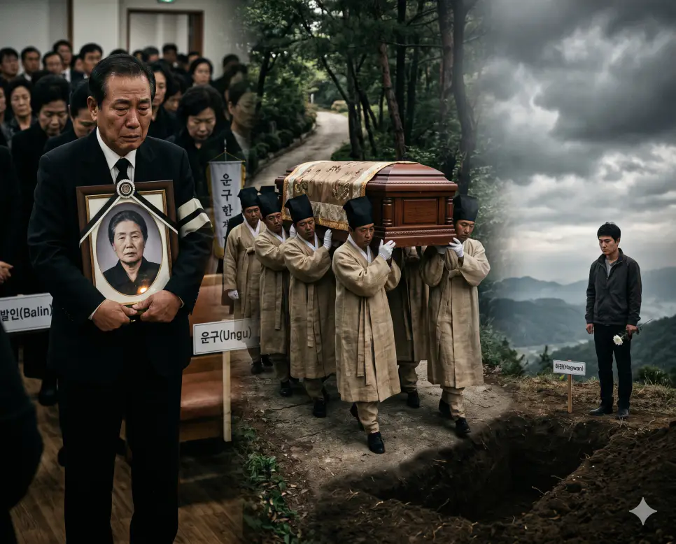 발인 뜻, 운구 뜻, 하관 뜻: 고인을 장지로 모시는 장례의 마지막 여정과 의례 4 발인 뜻, 운구 뜻, 하관 뜻 개념을 세계적인 포토다큐멘터리 잡지 사진 스타일로 깊이 있게 융합한 실사 포스터