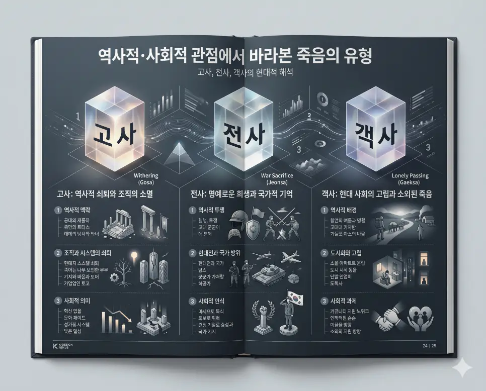 고사 뜻, 전사 뜻, 객사 뜻: 한자어로 살펴보는 정확한 어원과 사회적 의미 정리 4 역사적·문화적 한자어인 고사, 전사, 객사의 정확한 사전적 정의와 철학적 메시지를 한눈에 파악할 수 있도록 제작된 전문 매거진 스타일의 프리미엄 인포그래픽 포스터입니다. 차분한 다크 슬레이트 그레이 톤의 미니멀한 배경 위에 정교한 레이아웃과 3D 크리스탈 텍스트를 배치하여 정보의 신뢰성과 가독성을 극대화한 시각 자료입니다.