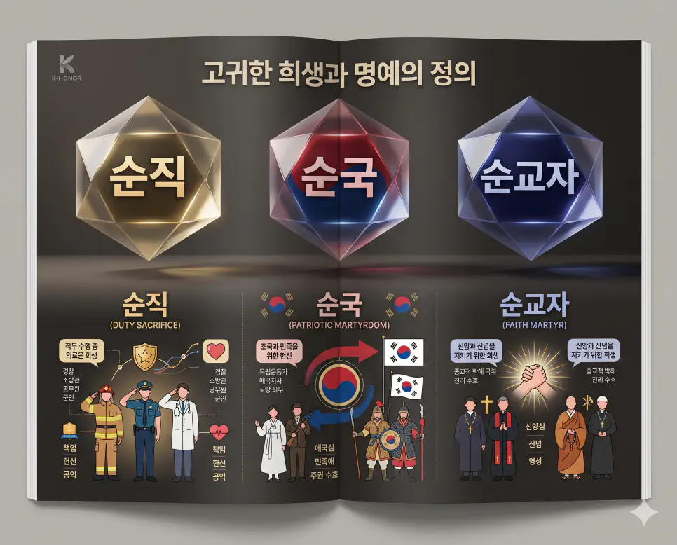 우리 역사와 사회 속 숭고한 희생정신인 순직, 순국, 순교자의 정확한 정의를 체계적으로 대조하여 한눈에 파악할 수 있도록 제작된 전문 매거진 스타일의 프리미엄 인포그래픽 포스터입니다. 단정한 차콜 그레이 톤의 현대적인 배경 위에 정교한 레이아웃과 3D 크리스탈 텍스트를 배치하여 정보의 신뢰성과 심미성을 극대화한 시각 자료입니다.