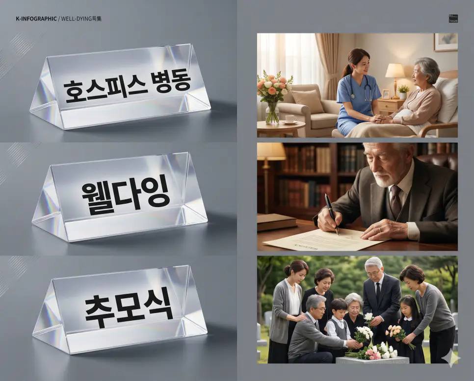 호스피스 병동 뜻, 웰다잉 뜻, 추모식 뜻: 존엄한 임종을 위한 완화의료와 아름다운 이별 준비 정리 4 인생의 마무리와 관련된 핵심 용어인 호스피스 병동, 웰다잉, 추모식의 뜻을 비교할 수 있도록 각 개념을 대변하는 직관적인 인물 중심의 시각적 상황을 체계적으로 배열하고, 왼쪽 크리스털 프리즘에 각 단어를 1:1로 매칭하여 가독성을 극대화한 프리미엄 인포그래픽 포스터입니다.