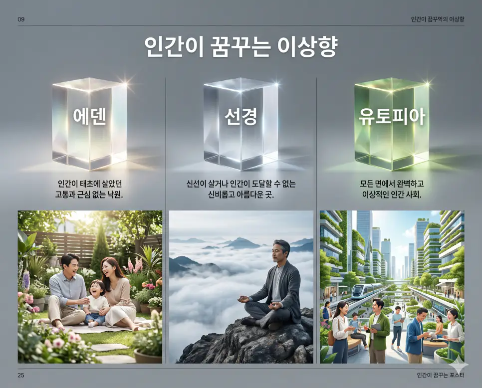 에덴 뜻, 선경 뜻, 유토피아 뜻: 인류의 낙원과 신선의 세계 및 이상적인 사회 완벽 정리 4 인간이 꿈꾸는 이상향에 관한 핵심 용어인 에덴, 선경, 유토피아의 정확한 뜻을 한눈에 비교할 수 있도록 각 개념을 대변하는 극사실주의 인물 중심 실사 자료를 체계적으로 배열하고, 왼쪽 크리스털 프리즘에 각 단어를 1:1로 매칭하여 가독성을 극대화한 초호화 K-에디토리얼 매거진 포스터 스타일의 프리미엄 인포그래픽 포스터입니다. 세련된 티타늄 그레이 배경 위에 정교한 레이아웃을 배치하여 압도적인 시각적 완성도를 구현했습니다.