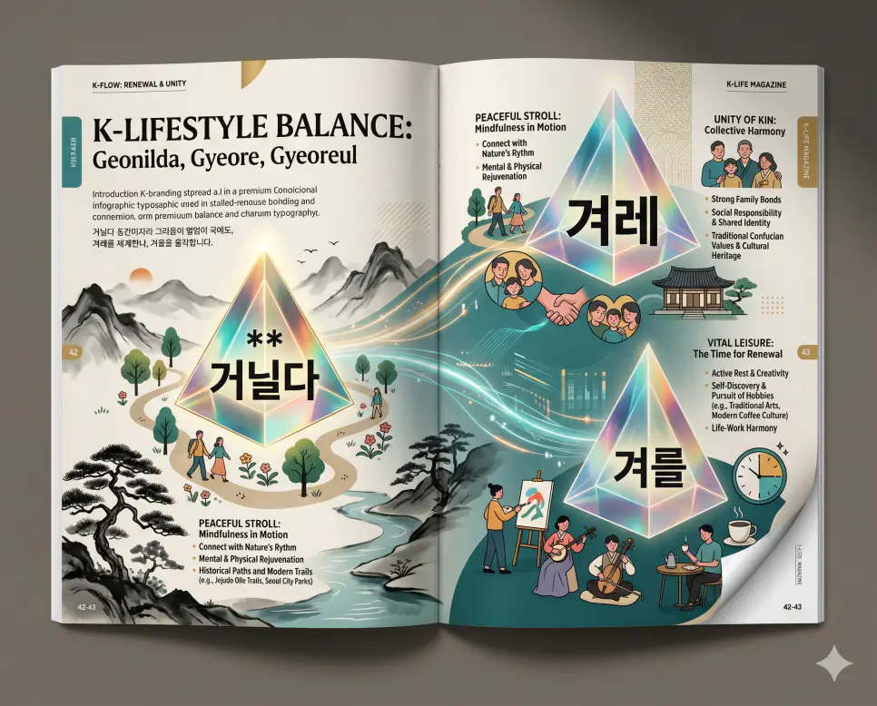 거닐다 뜻, 겨레 뜻, 겨를 뜻: 한국인의 정체성과 삶의 여유를 담은 우리말 정리 4 한국인의 정체성과 삶의 여유를 담은 키워드인 거닐다, 겨레, 겨를의 개념을 한눈에 파악할 수 있도록 제작된 전문 매거진 스타일의 프리미엄 인포그래픽 포스터입니다. 세련된 한국인 모델과 고궁의 미장센이 어우러진 배경 위에 정교한 데이터와 3D 크리스탈 질감을 배치하여 가독성을 극대화한 시각 자료입니다.