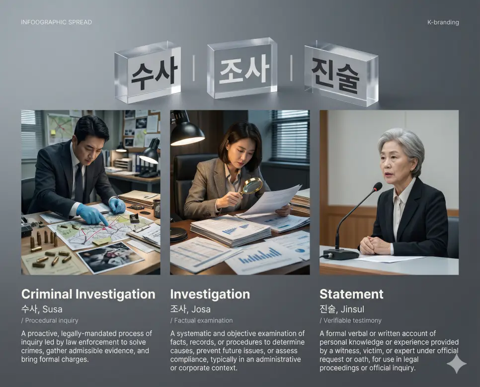 사법 및 행정 절차 용어인 수사, 조사, 진술의 정확한 뜻을 한눈에 비교할 수 있도록 각 개념을 대변하는 직관적인 인물 중심의 시각적 상황(증거를 분석하는 형사와 연구원, 돋보기로 문서를 살피는 조사관, 마이크 앞에서 진언하는 목격자)을 체계적으로 배열한 전문 매거진 스타일의 프리미엄 인포그래픽 포스터입니다. 세련된 티타늄 그레이 배경 위에 정교한 레이아웃을 배치하여 정보의 신뢰성과 가독성을 극대화한 시각 자료입니다.