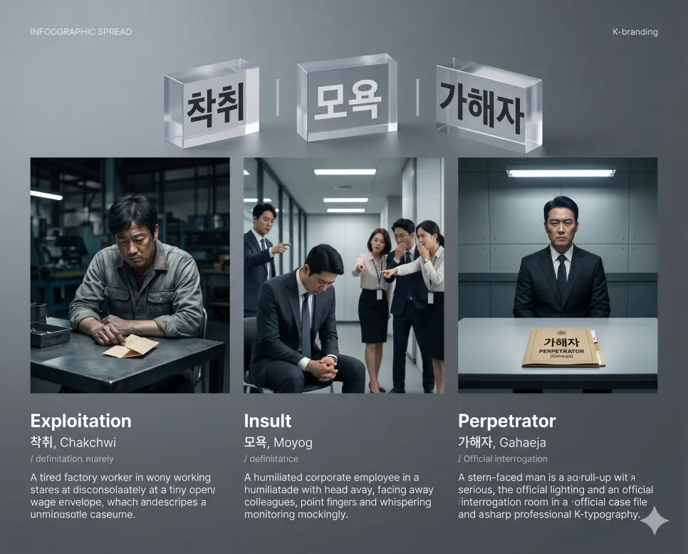 착취 뜻, 모욕 뜻, 가해자 뜻: 노동 권리 침해와 형법상 명예 범죄 개념 정리 4 노동 침해 개념인 착취와 형법상 명예 범죄인 모욕, 가해자의 정확한 뜻을 한눈에 비교할 수 있도록 각 개념을 대변하는 직관적인 시각적 사물(부당한 급여 봉투, 온라인 비방 모니터와 고소장, 법적 사건 파일과 증거 번호판)을 체계적으로 배열한 전문 매거진 스타일의 프리미엄 인포그래픽 포스터입니다. 세련된 티타늄 그레이 배경 위에 정교한 레이아웃을 배치하여 정보의 신뢰성과 가독성을 극대화한 시각 자료입니다.