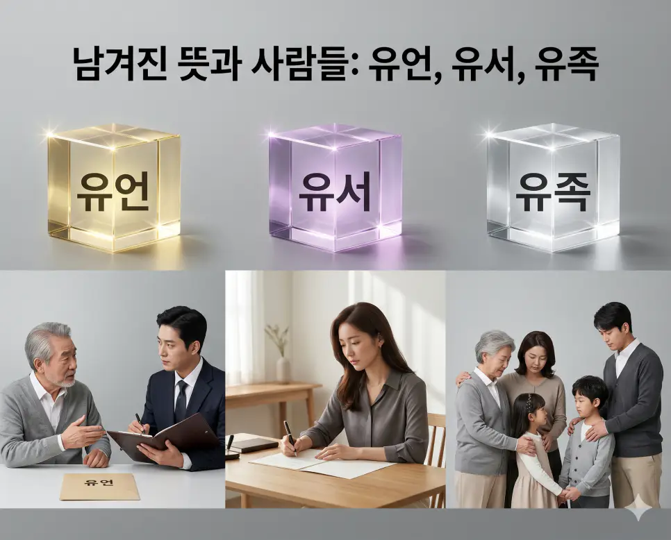 유언 뜻, 유서 뜻, 유족 뜻: 법률적 의사 표시와 마지막 심경 및 남겨진 가족 개념 정리 4 남겨진 의지와 가족에 관한 핵심 용어인 유언, 유서, 유족의 정확한 뜻을 한눈에 비교할 수 있도록 각 개념을 대변하는 직관적인 인물 중심의 시각적 상황을 체계적으로 배열하고, 왼쪽 크리스털 프리즘에 각 단어를 1:1로 매칭하여 가독성을 극대화한 초호화 K-에디토리얼 매거진 포스터 스타일의 프리미엄 인포그래픽 포스터입니다. 세련된 티타늄 그레이 배경 위에 정교한 레이아웃을 배치하여 압도적인 시각적 완성도를 구현했습니다.