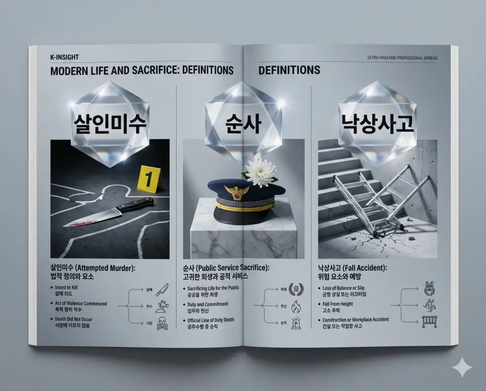 형사 죄명인 살인미수와 역사적 용어인 순사, 그리고 신체 재해인 낙상사고의 정확한 뜻을 한눈에 비교할 수 있도록 각 개념을 대변하는 직관적인 시각적 증거물(증거 마커와 칼, 석실 제단의 왕관, 무너진 사다리)을 체계적으로 배열한 전문 매거진 스타일의 프리미엄 인포그래픽 포스터입니다. 세련된 티타늄 그레이 배경 위에 정교한 레이아웃을 배치하여 정보의 신뢰성과 가독성을 극대화한 시각 자료입니다.