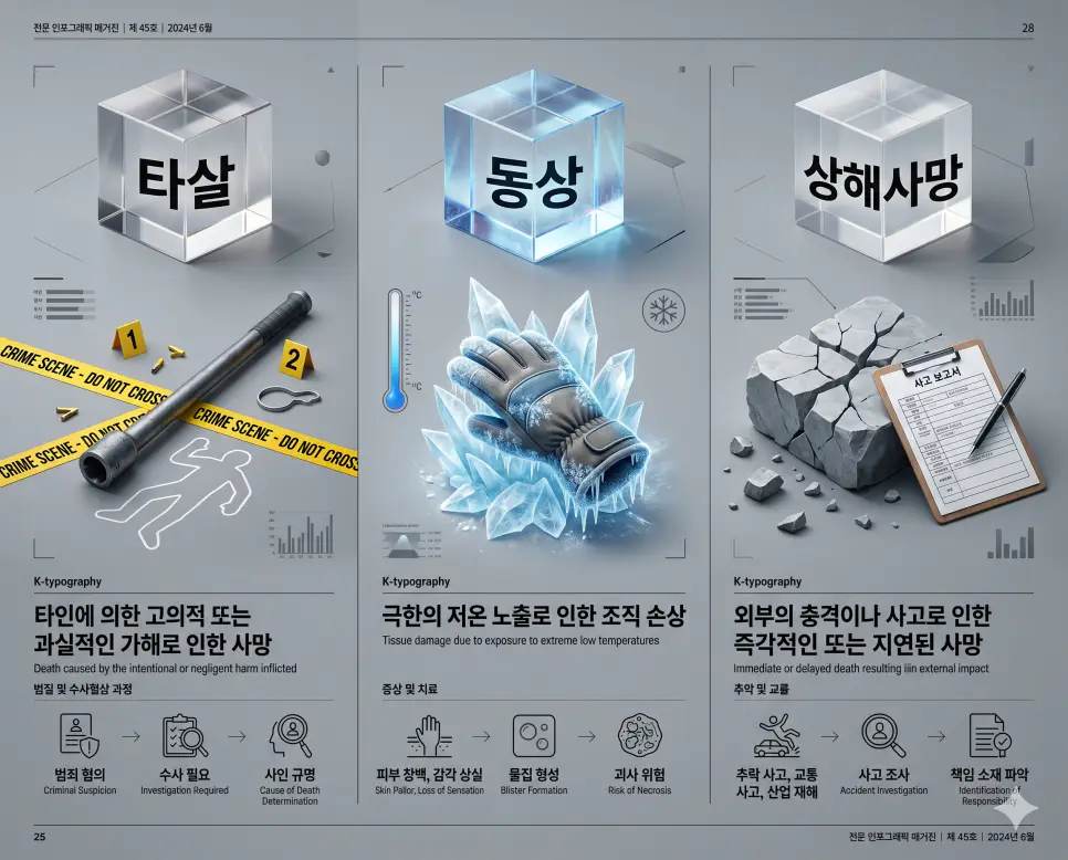 형사 죄명인 타살과 의학적 한랭 질환인 동상, 그리고 법률·보험 용어인 상해사망의 정확한 뜻을 한눈에 비교할 수 있도록 각 개념을 대변하는 직관적인 시각적 사물(증거 마커와 범죄 현장 둔기, 얼어붙은 장갑과 서리, 파편화된 돌과 사고 보고서 clipboard)을 체계적으로 배열한 전문 매거진 스타일의 프리미엄 인포그래픽 포스터입니다. 세련된 티타늄 그레이 배경 위에 정교한 레이아웃을 배치하여 정보의 신뢰성과 가독성을 극대화한 시각 자료입니다.