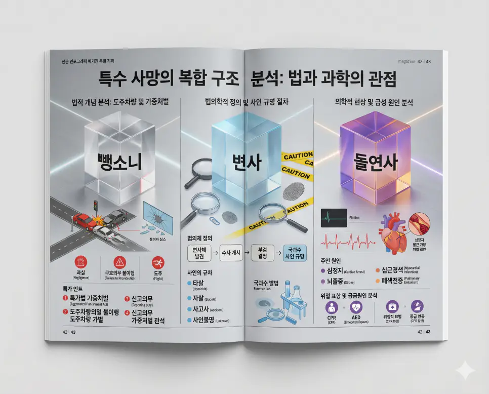 뺑소니 뜻, 변사 뜻, 돌연사 뜻: 교통 법률 및 의학적 정의의 명확한 개념 정리 4 도로교통법상 범죄인 뺑소니와 법의학적 개념인 변사, 그리고 의학적 현상인 돌연사의 정확한 사전적 정의를 한눈에 파악할 수 있도록 제작된 전문 매거진 스타일의 프리미엄 인포그래픽 포스터입니다. 단정한 티타늄 그레이 톤의 현대적인 배경 위에 정교한 레이아웃과 3D 크리스탈 텍스트를 배치하여 정보의 신뢰성과 심미성을 극대화한 시각 자료입니다.