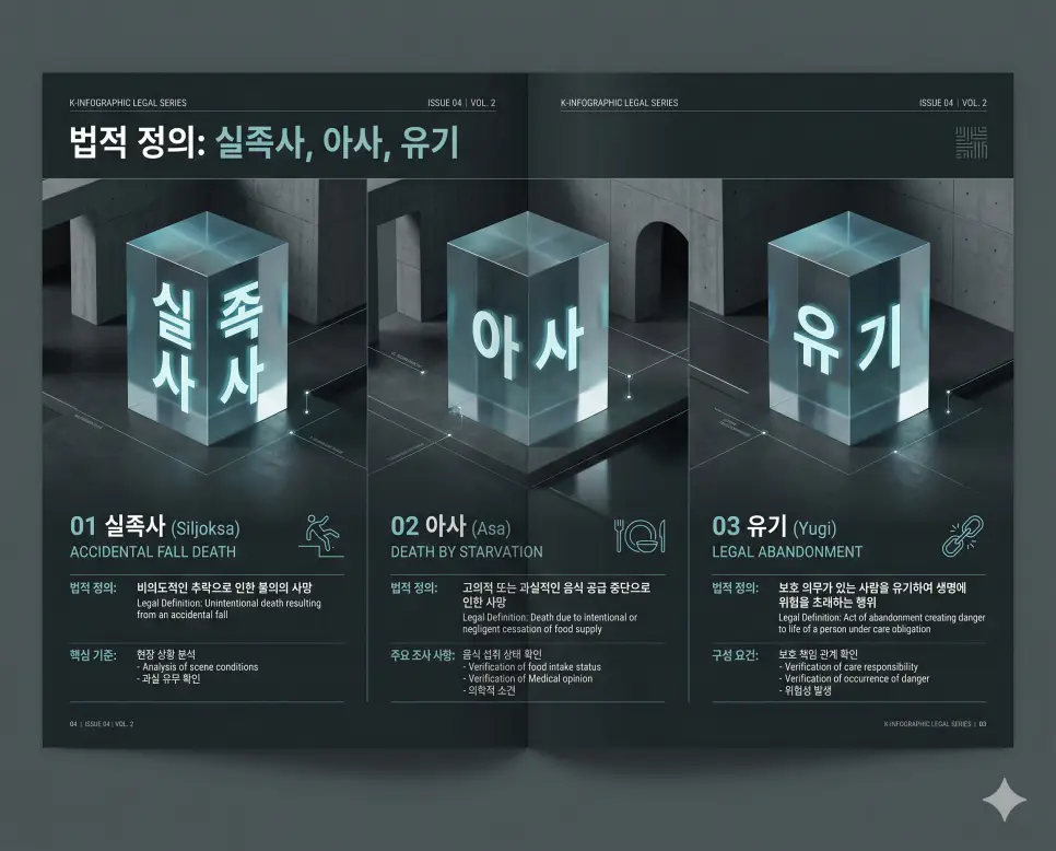 실족사 뜻, 아사 뜻, 유기 뜻: 사회적·법률적 한자어의 정확한 정의와 의미 정리 4 사회적·법률적 한자어인 실족사, 아사, 유기의 정확한 정의와 예방적 메시지를 한눈에 파악할 수 있도록 제작된 전문 매거진 스타일의 프리미엄 인포그래픽 포스터입니다. 차분한 챠콜 그레이 톤의 현대적인 배경 위에 정교한 레이아웃과 3D 크리스탈 텍스트를 배정하여 정보의 신뢰성과 가독성을 극대화한 시각 자료입니다.
