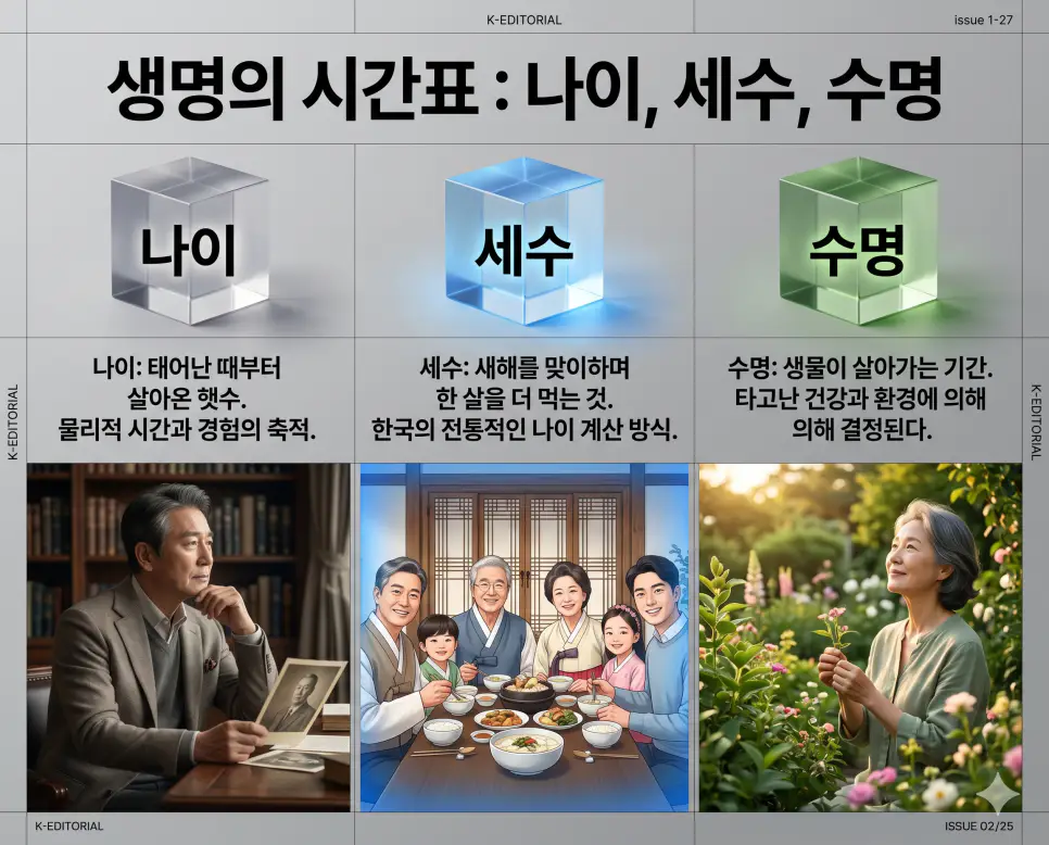 나이 뜻, 세수 뜻, 수명 뜻: 생애 주기의 누적 기간과 생존의 가치 및 신년 운수 정리 4 생명의 시간표를 구성하는 핵심 용어인 나이, 세수, 수명의 정확한 뜻을 한눈에 비교할 수 있도록 각 개념을 대변하는 직관적인 인물 중심 시각 자료를 체계적으로 배열하고, 왼쪽 크리스털 프리즘에 각 단어를 1:1로 매칭하여 가독성을 극대화한 초호화 K-에디토리얼 매거진 포스터 스타일의 프리미엄 인포그래픽 포스터입니다. 세련된 티타늄 그레이 배경 위에 정교한 레이아웃을 배치하여 압도적인 시각적 완성도를 구현했습니다.