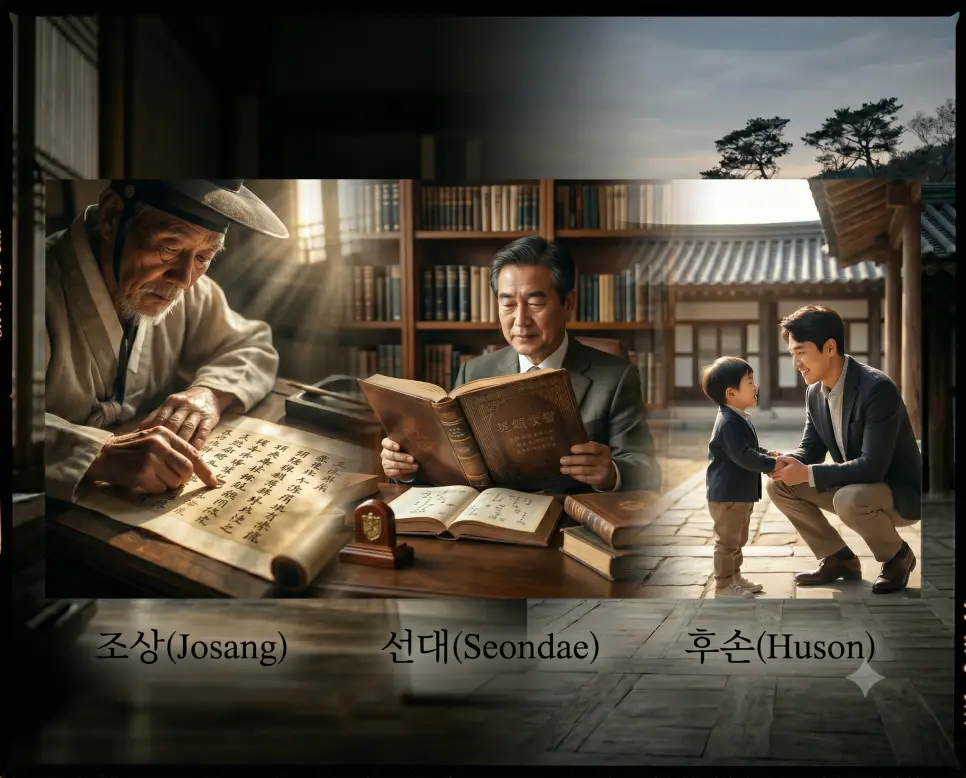 조상 뜻, 선대 뜻, 후손 뜻: 가문의 핏줄과 혈통적 인프라가 이어지는 실존적 지속 4 조상 뜻, 선대 뜻, 후손 뜻 개념을 세계적인 포토다큐멘터리 잡지 사진 스타일로 깊이 있게 융합한 실사 포스터