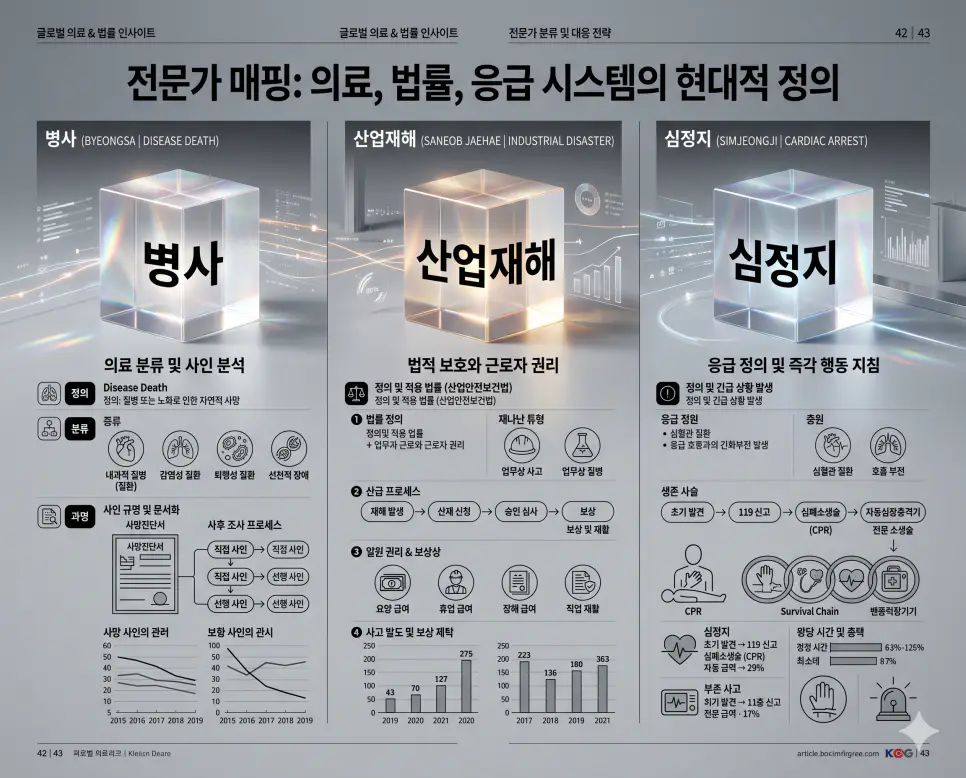 의학적 용어인 병사와 심정지, 그리고 노동 법률적 개념인 산업재해의 정확한 사전적 정의를 한눈에 파악할 수 있도록 제작된 전문 매거진 스타일의 프리미엄 인포그래픽 포스터입니다. 단정한 티타늄 그레이 톤의 현대적인 배경 위에 정교한 레이아웃과 3D 크리스탈 텍스트를 배치하여 정보의 신뢰성과 가독성을 극대화한 시각 자료입니다.