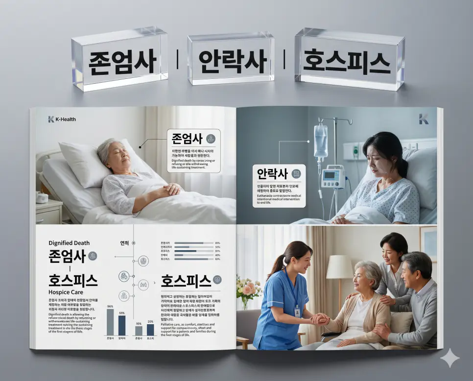 의료 윤리 및 완화 의료 용어인 존엄사, 안락사, 호스피스의 정확한 뜻을 한눈에 비교할 수 있도록 각 개념을 대변하는 직관적인 인물 중심의 시각적 상황(연명 장치 없이 평온하게 임종을 맞이하는 노인과 가족, 정맥 주사 라인을 마주한 말기 환자, 가정 같은 병동에서 환자와 가족을 돌보는 전문 간호사)을 체계적으로 배열한 전문 매거진 스타일의 프리미엄 인포그래픽 포스터입니다. 세련된 티타늄 그레이 배경 위에 정교한 레이아웃을 배치하여 정보의 신뢰성과 가독성을 극대화한 시각 자료입니다.